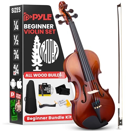 Pyle 4/4 Full Size Acoustic Violin for Beginners – Complete Violins Set with Hard Case, Bow, Extra Strings, Rosin, Full Accessories Kit - Mobile App Tuner 2 Month Free Lessons for Kids & Adults