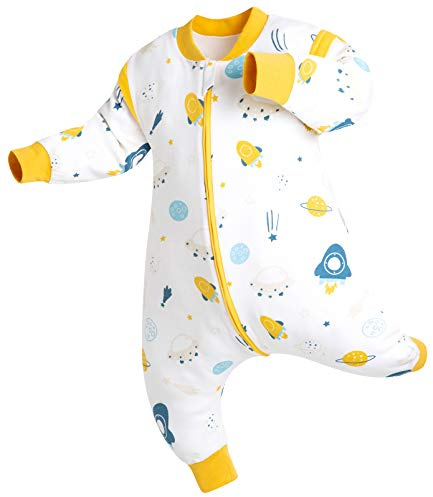 Chilsuessy Baby Ganzejahres Schlafsack mit Füßen, 1.5 Tog Doppelschicht 100% Bio Baumwolle,Kleine Kinder Schlafsack mit Beinen,Mit Abnehmbare Ärmel, Raumschiff, 80/Baby Höhe 90-100cm