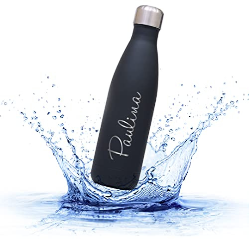 Sprengers – Personalisierbare Trinkflasche aus Edelstahl – auslaufsichere & thermoisolierte Wasserflasche hält Getränke bis zu 18 Stunden warm oder kalt – Gravur mit Namen und Motiv (Schwarz, 1 l)