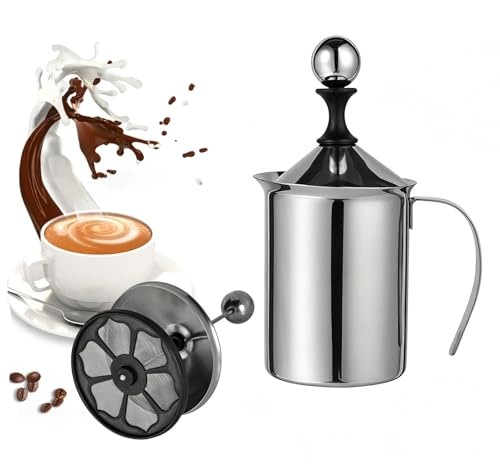 LATRAT 800 ml montalatte manuale in acciaio inox, bricco schiumatore manuale per caffè a doppia rete