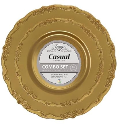 Decorline- Elegantes Mehrweg Gold Teller Set - Wiederverwendbar Casual Kollektion -Hochwertiges Vintage Geschirr- China Look - Geschirr Set für Alle Gelegenheiten - 40 Teile
