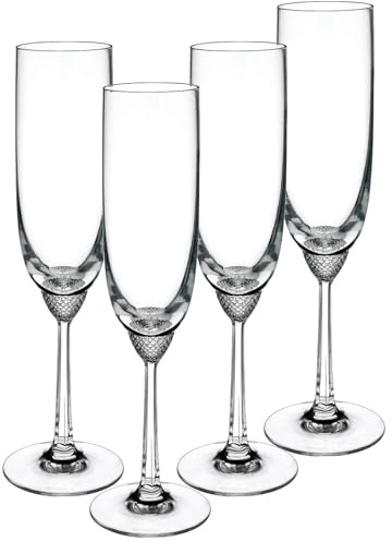 Villeroy & Boch Signature Octavie Sektkelche, 4er-Set, 160 ml, Champagnergläser aus nostalgischem Kristallglas mit Spitzstein-Dekor unterhalb der Kuppa, 225 mm, Klar, Spülmaschinengeeignet