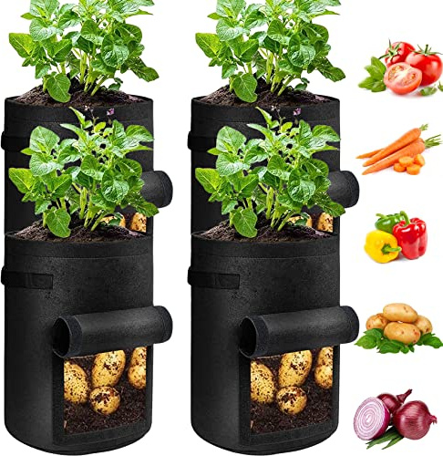 JJGoo Lot de 4 Sacs de Culture de Pommes de Terre, 37 litres en Tissu Non tissé avec Rabat et poignées, Sacs de Plantation de Jardin pour oignons, tomates, Carottes, légumes (Noir)