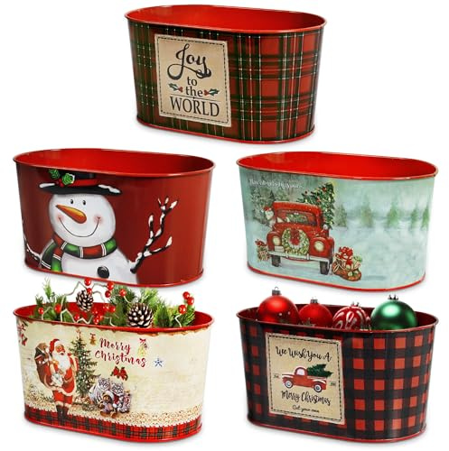 Putuo Decor Christmas Metal Buckets, 5 Pieces Christmas Metal Herb Garden Planter, Christmas Decorations Galvanized Tin Bucket Pails for Party Home Table Centerpieces Decor 7.9 L x 5.2 W x 4.3 H