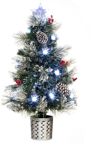 Christmas Tree World | 3ft Artificial Pre-lit Snowy LED Frosted Pine | Natural and Realistic Look with Bushy and Luxury Quality PVC Tips | Easy to Assemble and Take Down | 45cm Diameter