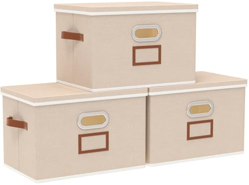 OUTBROS 3 Set Aufbewahrungsboxen, Faltbarer Stoffboxen 45x30x30cm, Beige | Faltbarer Aufbewahrungskorb mit Etikettentasche, Kisten Aufbewahrung, Schrank Organizer Kleiderschrank, für Kleidung