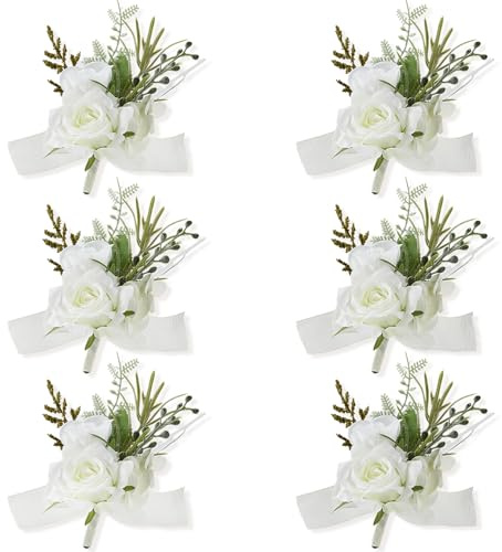Meldel Boutonniere for Men Wedding, Set of 6, Elegant Artificial White Rose Boutonniere for Wedding Prom Homecoming Party, Perfect Accessories for Groom Best Man