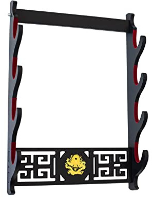 FOXSMZZ Wall Mount Katana Stand - Velvet Padded Sword Holder (4-Tier) with Wakizashi Rack and Dragon Logo