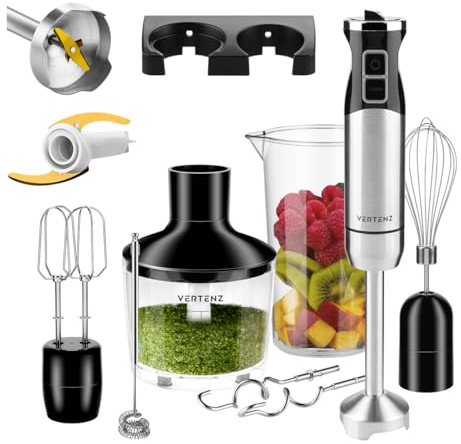 VERTENZ Titan 50 - Batidora de mano eléctrica, vaso de mezcla y medición de 860 ml, picadora de 600 ml, batidor de varillas y gancho para amasar, 1400 W, base de acero y cuchillas de titanio, 8