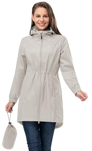 33,000ft Abbigliamento impermeabile da pioggia, poncho da pioggia leggero e traspirante antivento con cappuccio, mantelli impermeabili lunghi e sottili pieghevoli per donna, beige, XS