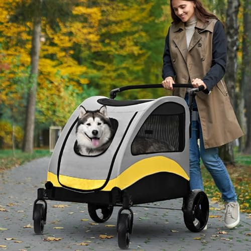 BingoPaw XXL Hundebuggy Große Hunde: Schwerlast Hundewagen bis 65kg, Dog Stroller Hundekinderwagen mit 4 Rädern, 3 Netzfenstern, Verstellbarer Griff, Haustier Transportwagen Hunde Jogger Buggy