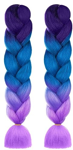 Aomig Rajout Cheveux Tresse, 2PCS Jumbo Braids Violet+Lac Bleu+Violet Clair | Rajout Meches Tresse Cheveux, Jumbo Braids Meches, 65cm Extension de Cheveux de Fibre Synthétique