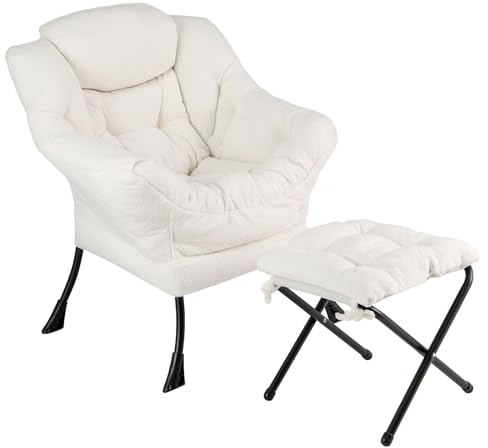 COSTWAY Armchair Accent Chair, Sherpa Upholstered Lounge Armchair Leisure Sofa Chair with Side Pocket, Metal Frame Lazy Comfy Seat Reading Chair for Living Room Bedroom (with Footstool, Beige)