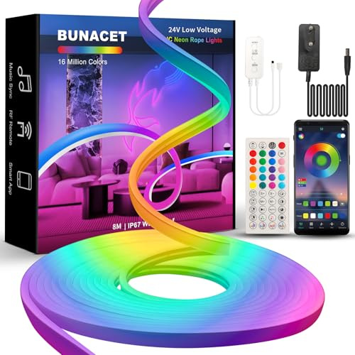 BUNACET Tira LED Neón RGB+IC 8M, Luz LED Neón Silicona 108 LED/Metro, Impermeable IP65, Control APP, Neón LED RGB con Cargador y Control remoto para Habitación, Sala de juegos, Exterior, Fiesta ﻿