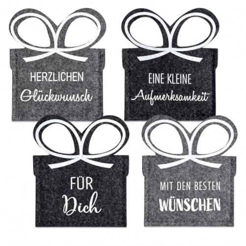 MIJOMA - Set aus 4 kleinen Geschenktaschen aus hochwertigem Filz, Perfekte Geldgeschenkverpackung, Sortiert mit 4 stilvollen Sprüchen, in Trendfarben Grau und Anthrazit.