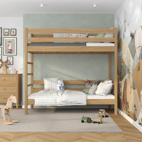 N-Wood N03 Etagenbett, Hochbett 120x200 cm, aus Eichenholz, 2 Leitermontageseiten: Links oder rechts, sichere abgerundete Kanten, Stabile Massivholzkonstruktion, inklusive Lattenrost, Natureiche