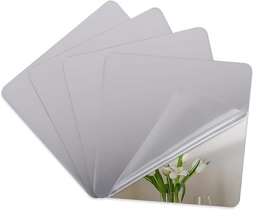 Moorle Specchio autoadesivo per piastrelle, specchio da incollare, 4 pezzi, pellicola a specchio in acrilico, autoadesiva, 27 x 17 cm, autoadesiva, specchio adesivo per parete, scuola, soggiorno,