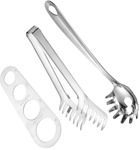 OUNONA Stainless Steel Spaghetti Measure Tool and Ergonomic Pasta Tong Portion Control Ruler, Kitchen Noodle Spoon Utensils Set for Cooking Pasta, 3pcs Kitchen Measuring Tools