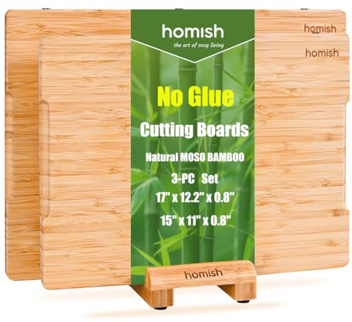 Bambus-Schneidebrett und Servierset mit Halter für die Küche - Wirklich klebstofffrei, vorgeölt, ungiftig - umweltfreundliche Metzger-Blockbretter aus Holz für Fleisch, Käse, Obst, Gemüse