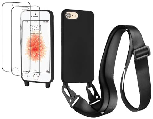 CaseLover Handykette kompatibel iPhone SE 2022/8/7/6/6S/SE 2020 Hülle mit Band, Silikon Necklace Handyhülle mit 2 Stück Schutzfolie Verstellbarer Kordel zum Umhängen Stossfest Schutzhülle, Schwarz