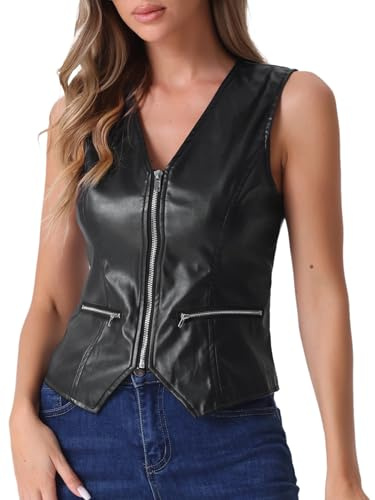 Allegra K Women's Faux Leather Waistcoat V Neck Sleeveless Zipper Motorcycle Biker Vintage Vest Jacket Medium Black