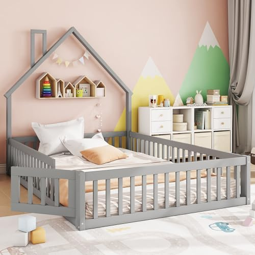 MQLAE Bodenbett 140x200 mit Rausfallschutz, Kleinkindbetten Kinderbett 140x200 mit Tür für Jungen & Mädchen, Kinder Bett aus Kiefer für Kinderzimmer, Hausbett, Bett in Grau, Ohne Matratze