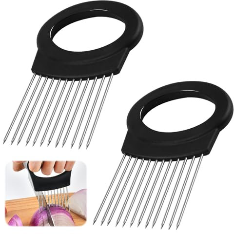2 Pcs Onion Slicer Holder, Stainless Steel Slicing Tool for Vegetables, Ergonomic Easy Handling and Control for Slicing Onions Tomatoes Avocados Potatoes, Innovative Kitchen Gadget for Cooking Lovers