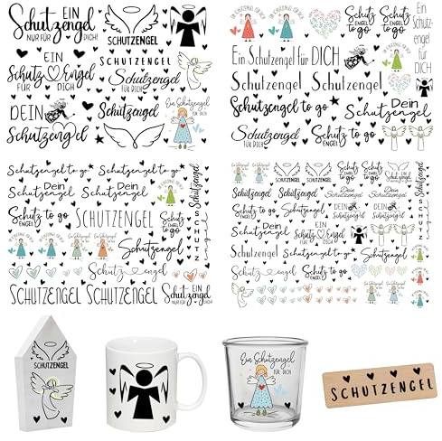 FloraVigo Rub On Sticker ca.A5 19x14cm-Spruch Deko zum Geburtstag, Keraflott, Hochzeit, Zuhause, Wischfolie für Möbel, Glas, Holz, Fotoalbum, DIY Deko, Aufkleberästhetik(4PCS) (SCHUTZENGEL)