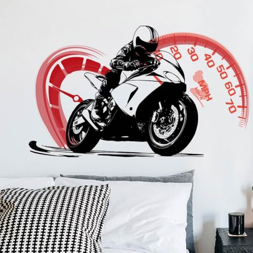 SUPERDANT Motorrad Wandsticker mit Motorrädern und Drehzahlmesser | Vinyl Wandaufkleber, Für Wohnzimmer, Für Jungenschlafzimmer, Für Spielzimmer, Coole Motorrad Vinyl Wandsticker