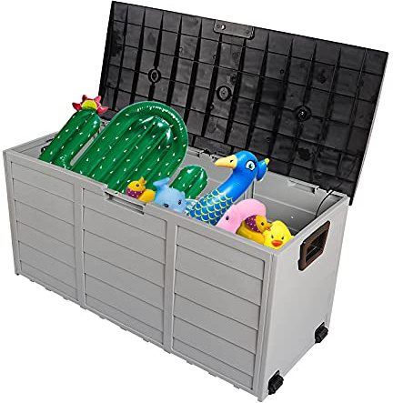 Bonnlo 300L Garden Storage Box with Wheels, Waterproof Plastic Deck Boxes for Outdoor, Storage Chest with Lids and Handles (Black lid)