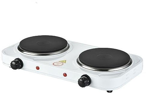 2000W Double Hot Plate Table Top Cooking – Cast Iron Heating Plate - Compact Portable Electric Hob Double Burner with Adjustable Thermostat for Kitchen Camping Cooking Boiling Fryer (White)
