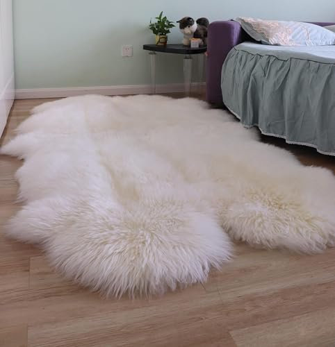 Large Genuine New Zealand Sheepskin Rug 180x120 cm Soft Lambskin Wool Quad Pelt Fur Throw for Nursery Bedroom & Living Room Decor (IvoryWhite)