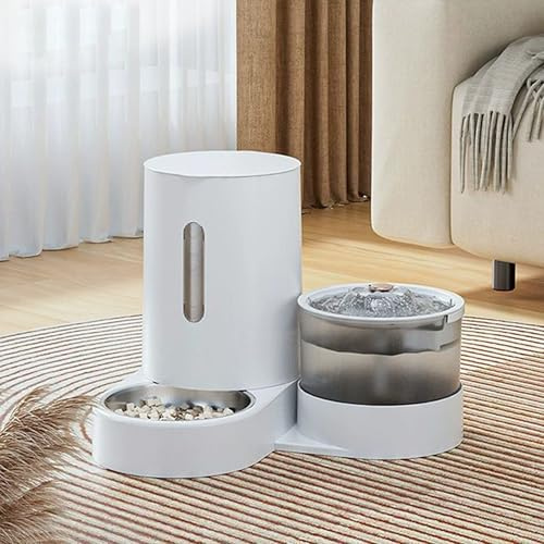 UUE Automatischer Futterspender für Katzen/Hunde, 1.5kg Futterautomat Katze und 1.8L Wasserspender Hund, 2-in-1 Automatischer, Gravitation Katzenfutter Automat Grau, BPA Frei/USB-Aufladung