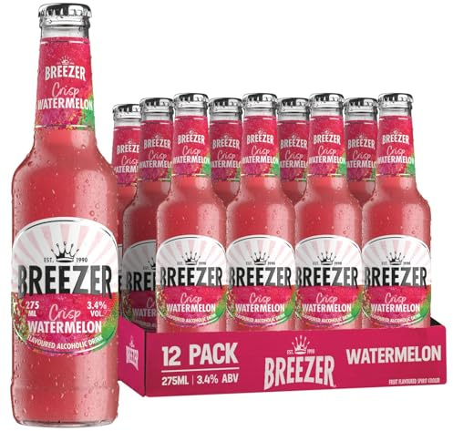 BREEZER Crisp Watermelon Flavoured Alcoholic Drinks, 3.4% vol., 27.5 cl / 275 ml (Pack of 12), Pre-Mixed Alcohol in Ready to Drink Bottles