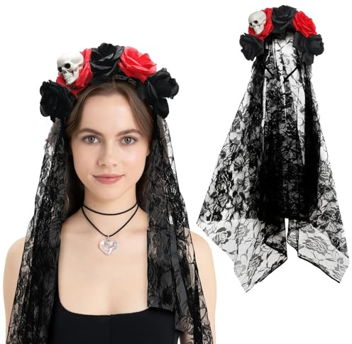 ueslwser Halloween Kopfschmuck Damen, Tag der Toten Haarreif, Rosen Totenkopf Haarreif, Halloween Stirnband, Halloween Kostüm Accessoires Damen