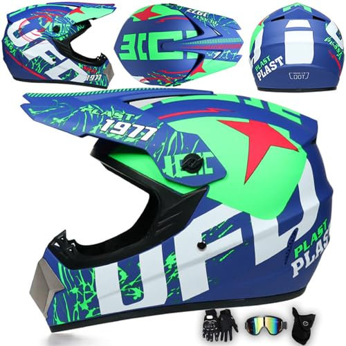 MODRYER Casco Moto Cross Bambini Adulti ATV Endurance Race Casco Integrale da Cross E Downhill MTB Donna Uomo Caschi Moto con Visiera Casco Motocross con Occhiali Guanti Maschera,Blue-L/56~57cm