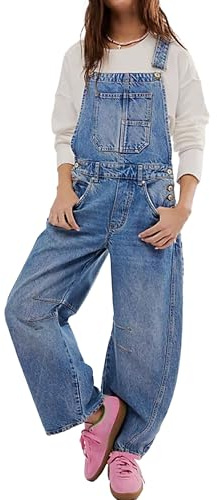 Damen-Jeansoverall mit weitem Bein und lockerer Passform, Latzhose, lässige Streetwear, verstellbarer Riemen, Jeans-Strampler mit Taschen