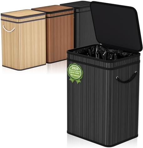 Cubo de basura grande de 80 litros/21 galones con tapa,Cubo de basura/cubo/cesta de basura para exteriores para el hogar, de bambú, para exteriores, hogar, oficina, cocina, 40 x 30 x 60 cm (negro)