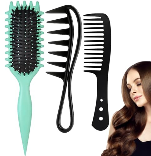 3 Stück Lockenbürste, Haarbürste Locken, Grüne Lockenbürste, Schwarzer Grobzinkiger Kamm, Fischgrätkamm, Ideal für Locken und Wellen, Tägliches Styling und Reisen