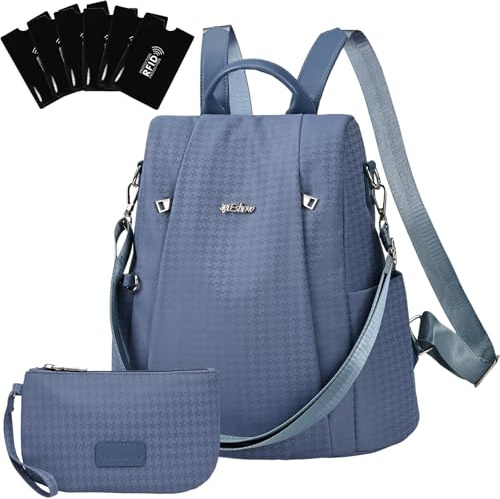 Eshow Rucksack Damen Klein, Anti-Diebstahl Kleiner Cityrucksack Tagesrucksack Elegant, 3 in 1 Rucksacktasche mit Clutchbag & RFID Blocker Modern für Pendeln Schule Arbeit Reise Blau