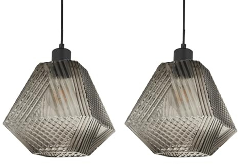 Set of 2 Glass Easy Fit Ceiling Lightshades or Pendant Shades, Smokey Grey Prism Glass, Height 21cm Diameter 20cm