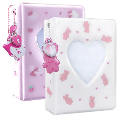 2 Pcs Photocard Binder,3 inch Heart Hollowed Mini Photo Album with 40 Pockets and Pendant for Polaroids Standard Idol Photocards Collection(White/Pink)