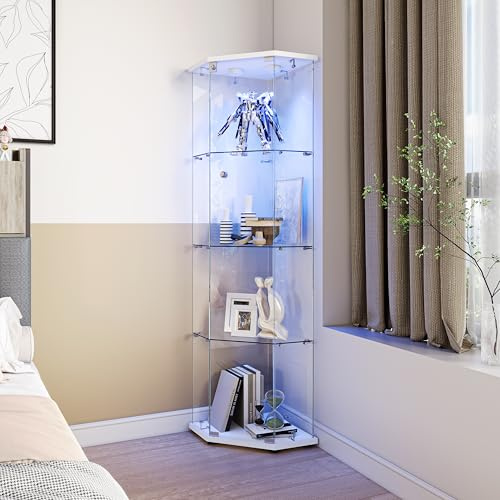 Hoscullo Vetrina angolare in vetro con LED e lucchetto, moderna vetrina in vetro temperato, salva spazio per il soggiorno in piedi per figure modelli, trope, vetrina da collezione (bianco)