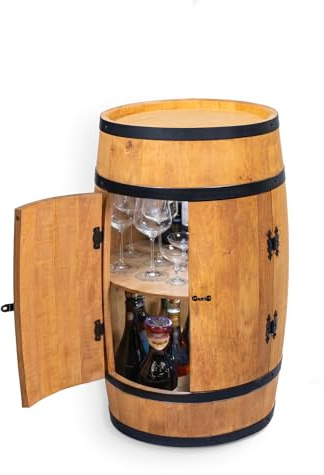 CREATIVE COOPER Fassbar Stehtisch mit Tür und LED - Alkoholschrank Flaschenregal Holz - Holzfass - Fassmöbel - Wineregal - Whiskybar- Weinfass mit Tür - 80 cm (Eiche)