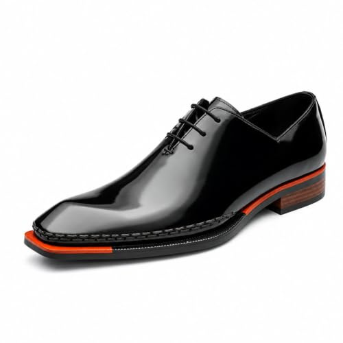Generico Scarpe Eleganti Uomo Stringate Nere Lucide Punta Squadrata | Stringate eleganti da uomo con finitura lucida, punta squadrata e bordo arancio per ufficio, cerimonie e serate.