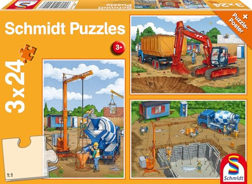 Schmidt Spiele 56200 Auf der Baustelle, 3x24 Teile Kinderpuzzle, Orange