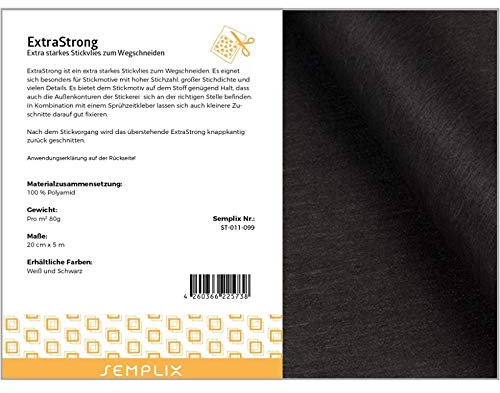 SEMPLIX ExtraStrong – extra Starkes Stickvlies zum Wegschneiden besonders für Stickmotive mit hoher Stichzahl/großer Stichdichte (schwarz, 20 cm x 5 m)