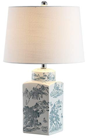 JONATHAN Y 24.5 Blue/White Chinoiserie Ceramic Table Lamp, Traditional Square Ginger Jar Mountain Toile Lamp for Living Room Bedroom, Linen Drum Shade, LED Bulb Included JYL5052A