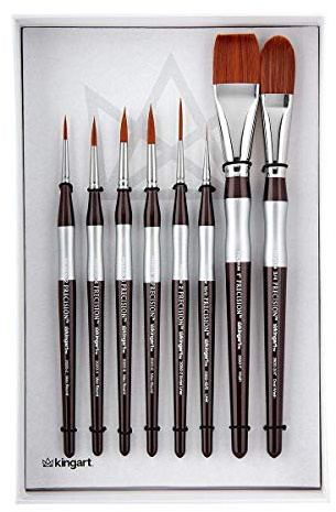 KINGART 1070C Premium 8 Pc. Precision Acrylic Artist Paint Brushes, Short Comfort Handle, Synthetic Taklon Hair for Acrylic, Oil, Watercolor and Gouache Paints, Set of 8