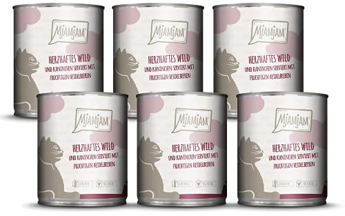MjAMjAM - nourriture humide premium pour chats - gibier copieux et lapin aux myrtilles fruitées, pack de 6 (6 x 800 g), sans céréales avec supplément de viande